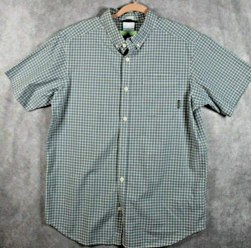 Columbia Shirt Mens M Blue White Plaid Button Down Short Sleeve Pocket Cotton